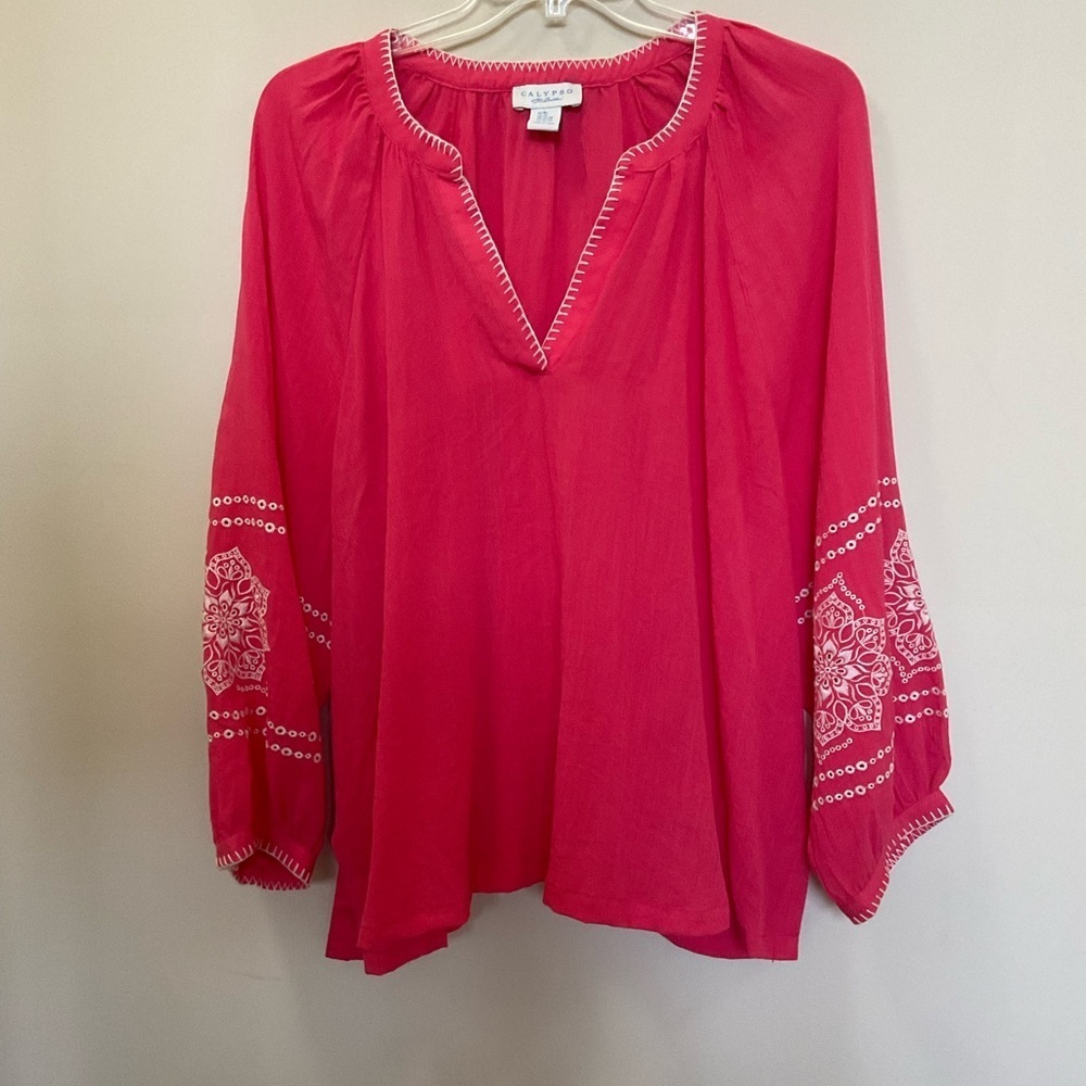 Calypso St Barth 3X Pink White Embroidered Long Sleeve Boho Peasant Tunic Top